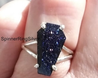 Blue Goldstone Ring, 925 Sterling Silver Rings, Prong Set Ring, Coffin Blue Goldstone Ring, Gemstone Jewelry, Statement Ring-Boho Ring SK915