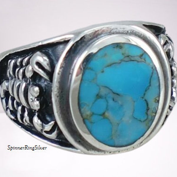 Silver Mens Ring With Scorpion Figure on Turquoise Stone 925 Silver Mens Ring, Meditation Mens Ring, Mens Ring, Scorpion Mens Ring, SK1739