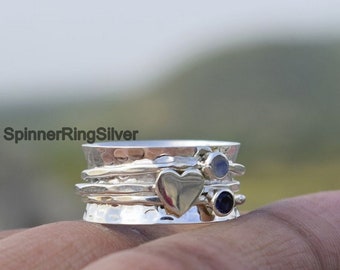 Moonstone & Amethyst Silver Spinning Ring*Meditation Heart Spinner Ring*Fidget Ring*Copper Ring*Anxiety Ring*Worry Ring*Hammered Ring, SK840