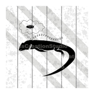May include: Black and white illustration of a lizard sleeping with a thought bubble above its head. The thought bubble contains a small insect. The text "ZZZZZZZZZZZZZZZZZZZZ" is above the lizard.