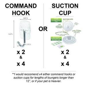 Könnte beinhalten: Zwei Möglichkeiten, eine Hängematte aufzuhängen: Command-Haken oder Saugnäpfe. Das Bild zeigt zwei transparente Command-Haken mit einem silbernen Metallhaken und zwei transparente Saugnäpfe mit einer schwarzen Gummibasis. Der Text lautet "Command Hook" und "Suction Cup" mit den Maßen für jedes Element. Der Text lautet auch "x2 & x4" für jede Option. Der Text unten lautet "Ich empfehle x4 Command-Haken oder Saugnäpfe für Hängemattenlängen über 12", oder wenn Ihr Haustier schwerer ist."