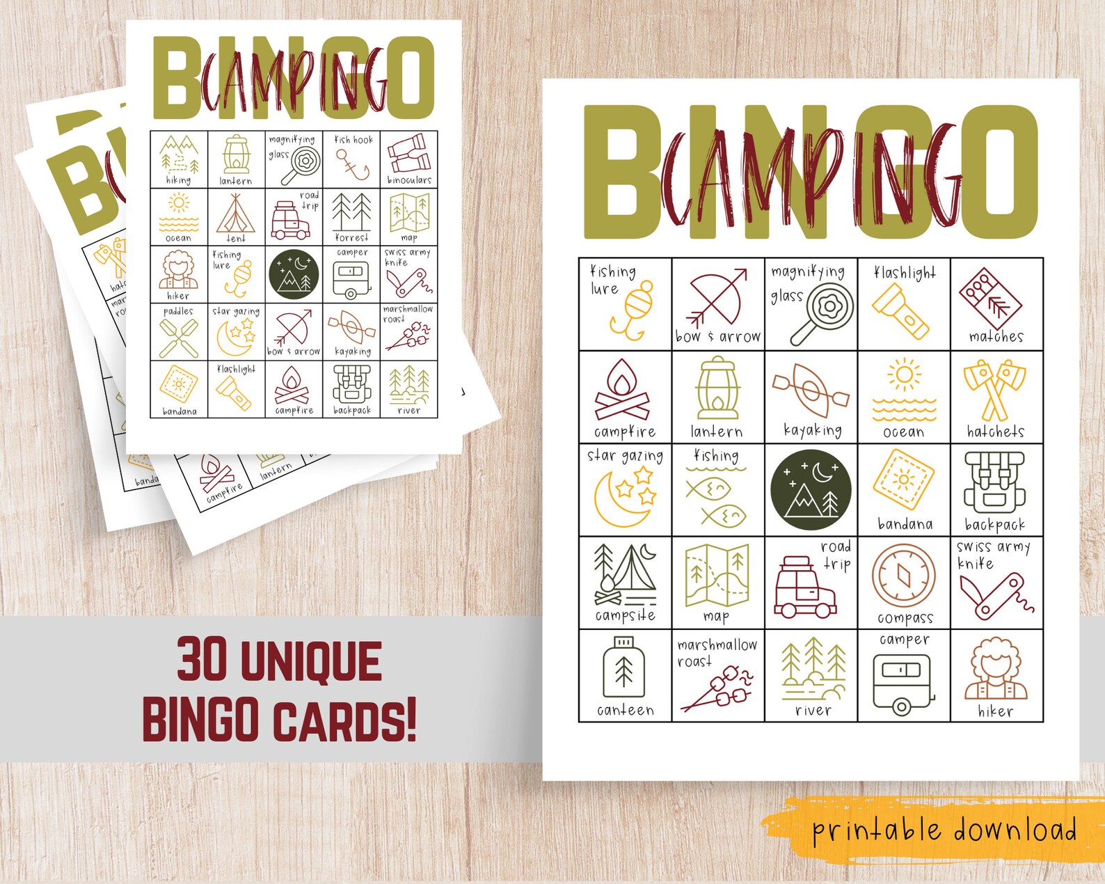 Camping Bingo . Camp Bingo . Printable PDF . Instant Download . 30 ...