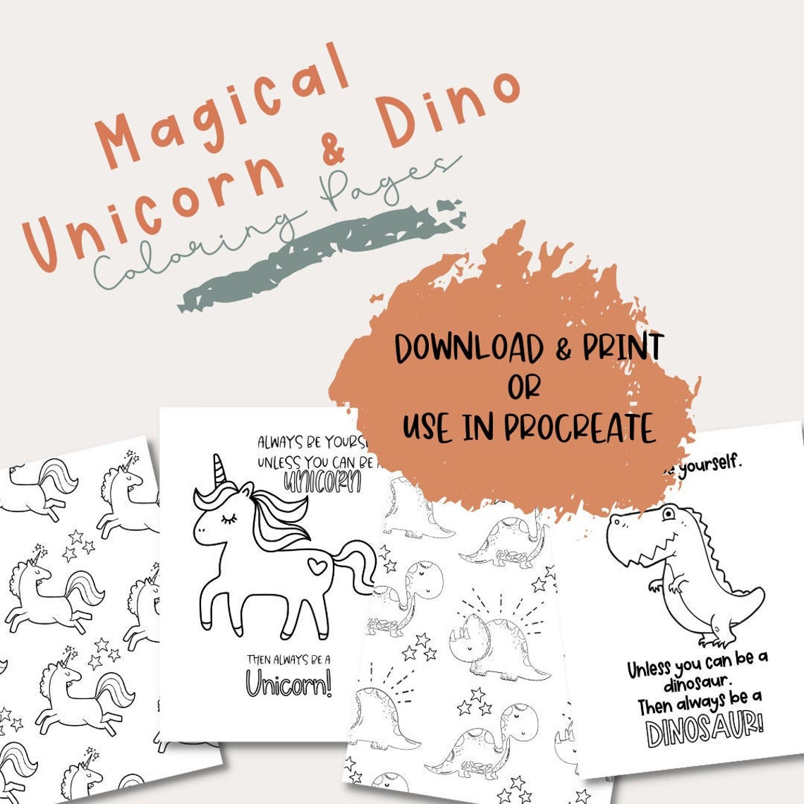 Unicorn and Dino Coloring Pages Set of 4 Hand Drawn Coloring | Etsy