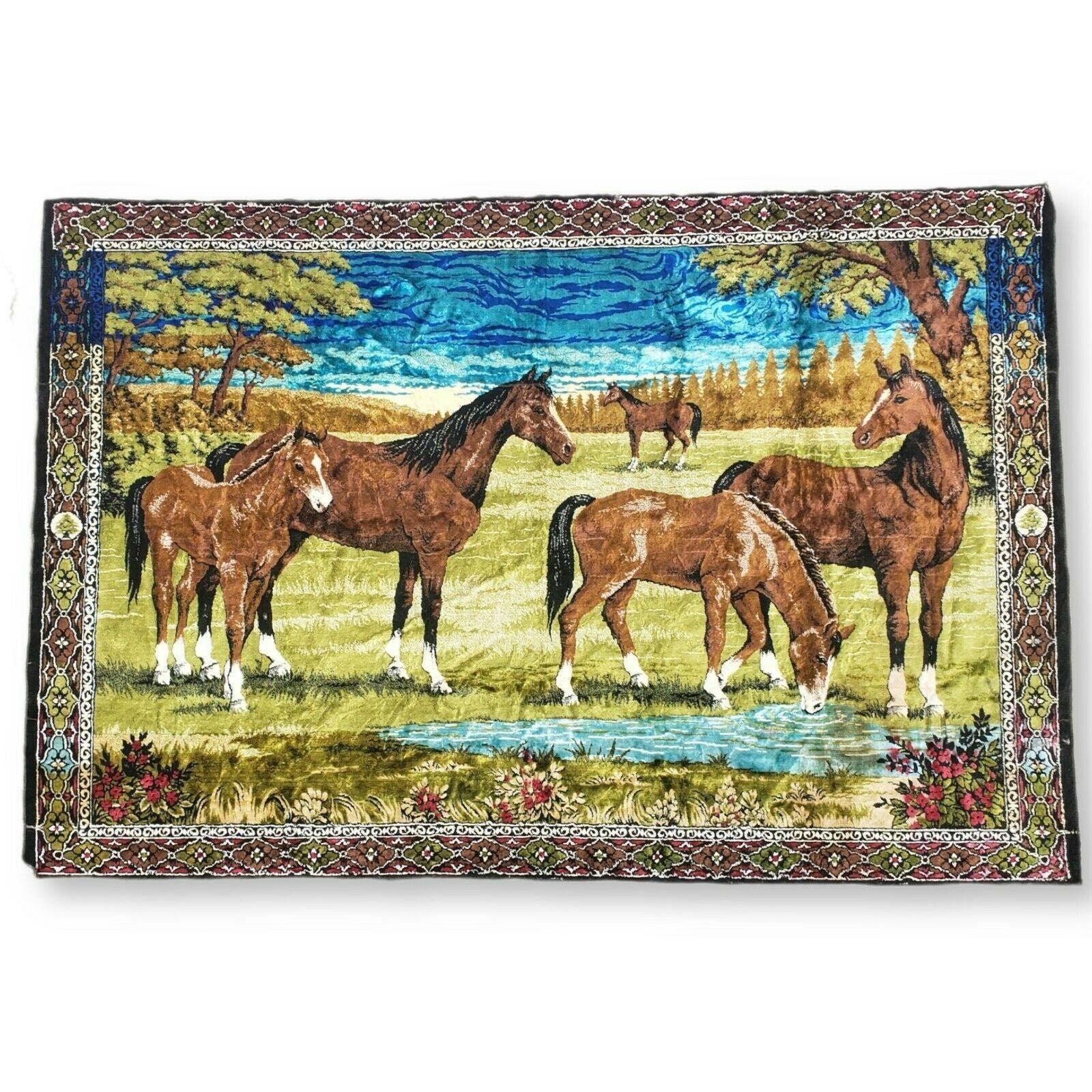 Vintage 1970's Beautiful Horse Tapestry Carpet Rug Made in Etsy