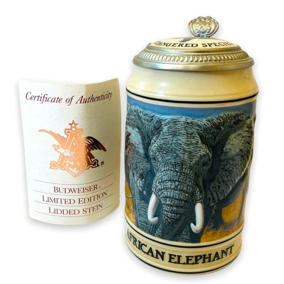 Vintage Budweiser Endangered Species Lidded Beer Stein "African Elephant" 1990 