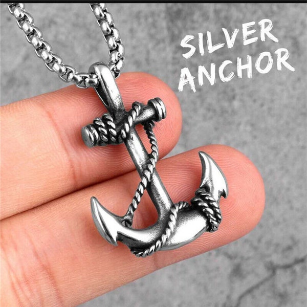 Men's Unisex Vintage Nautical Pirate Anchor Pendant Necklace, Stainless Steel Chain 22"