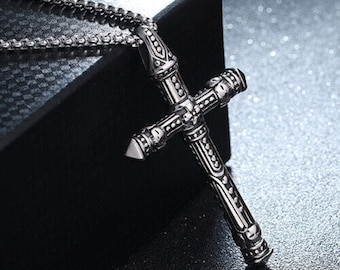 Gothic Skull Cross Pendant Necklace, Punk Biker Jewelry, Stainless Steel Chain 24"