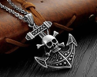 Caribbean Pirate Skull Anchor Pendant Necklace, Men's Unisex,  Stainless Steel Chain 24"