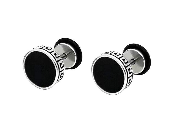 Men's Unisex Surgical Steel Vintage Black Round Stud Earrings, Punk Retro Jewelry