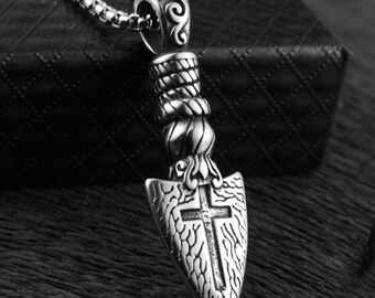 Men's Cross Arrowhead Pendant Necklace, Punk Jewelry, Stainless Steel Chain 24"