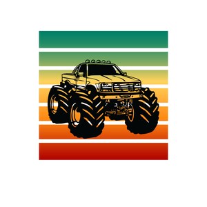 May include: A yellow monster truck with large tires is driving on a retro-style background of green, yellow, and orange stripes.
