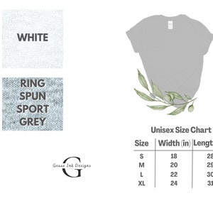 May include: Unisex t-shirt size chart with measurements in inches. The chart shows the width and length of the shirt in sizes S, M, L, and XL. The chart is on a white background with a green olive branch.
