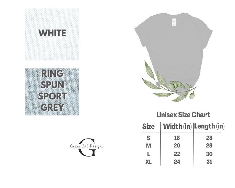 May include: Unisex t-shirt size chart with measurements in inches. The chart shows the width and length of the shirt in sizes S, M, L, and XL. The chart is on a white background with a green olive branch.