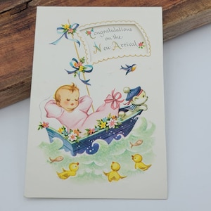 Carte de voeux vintage pour baby shower « Félicitations pour votre nouvelle arrivée », années 60