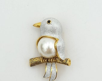 Vintage Butler Silver Bird Brooch Signed Faux Pearl