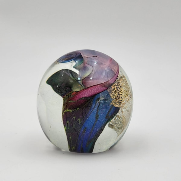 Vintage Art Glass Paperweight Iridescent Blue and Gold Signed