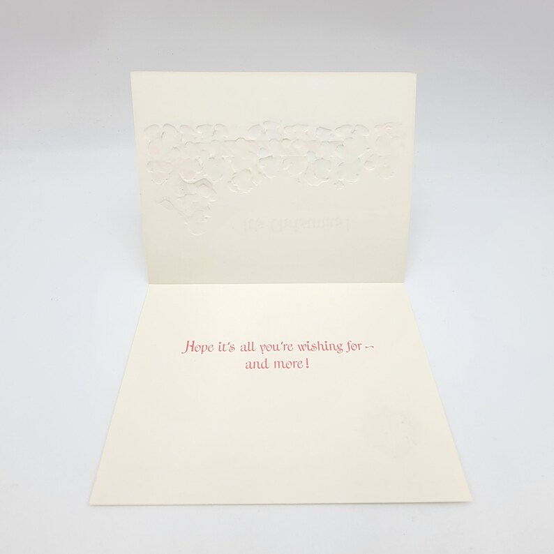 May include: A cream-coloured greeting card, open to reveal red text: "Hope it's all you're wishing for -- and more!" The top section features an embossed floral design. The card is set against a plain white background.