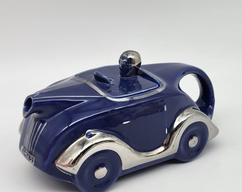 Sadler Race Car Teapot Dark Blue 1930's Repaired OKT42