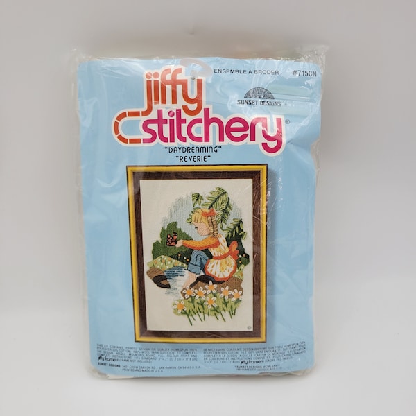 Jiffy Vintage Crewel Embroidery Kit Girl with Butterfly by The River NOS