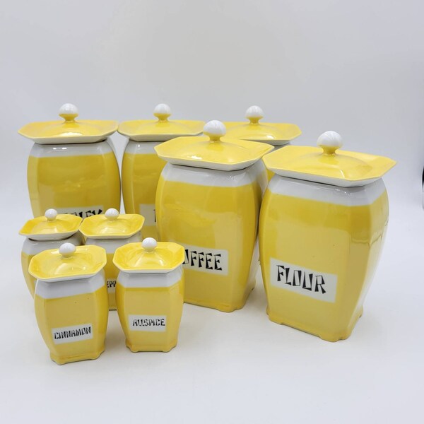 Vintage Yellow Ceramic Cannister Set Victoria China Czechoslovakia Pagoda