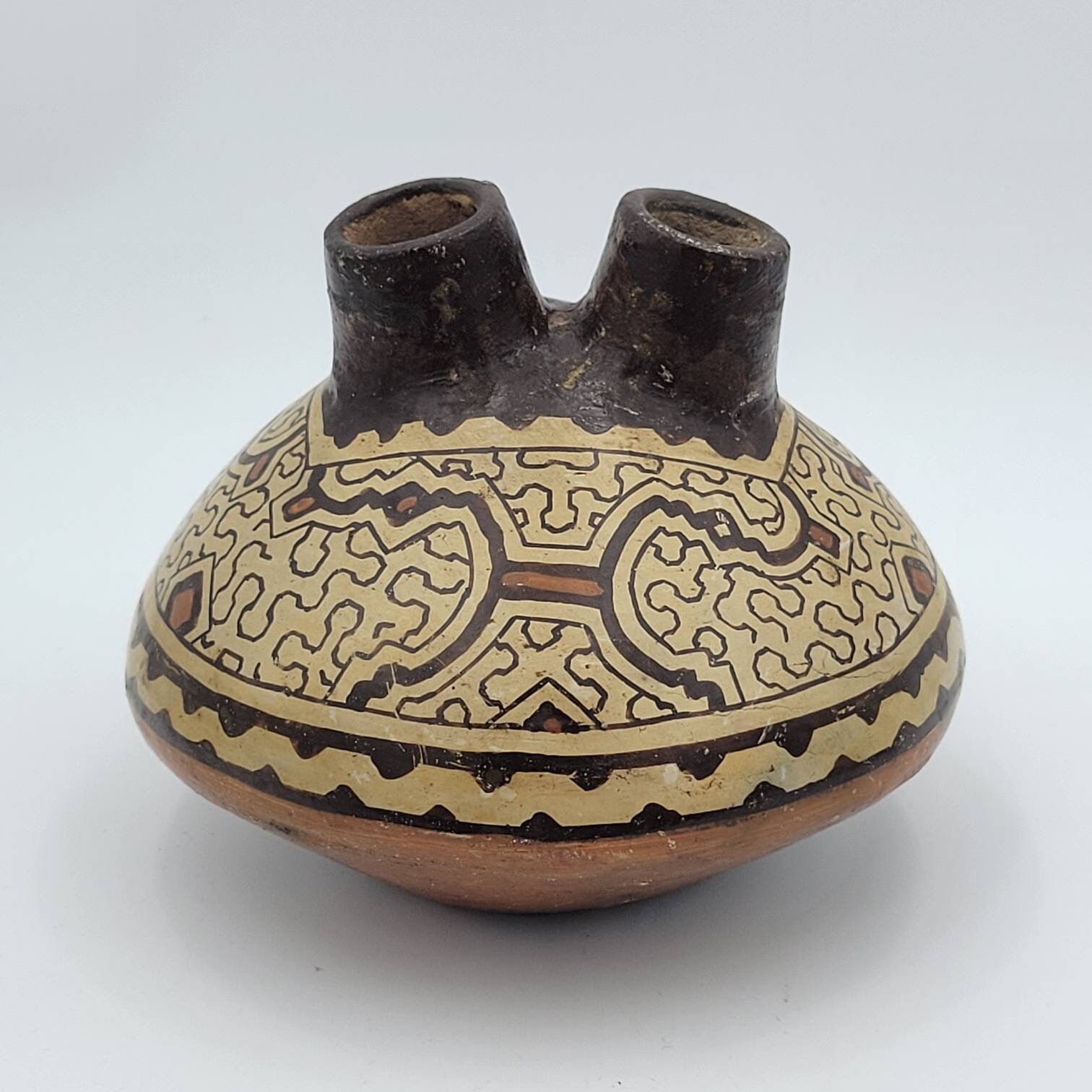 MCM Shipibo-conibo Pottery Vessel Double Spout Geometric