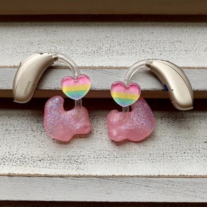 Hearing Aid Charms | Pastel Glitter Rainbow Heart Hearing Aid Whimsy Set | RIC BTE Hearing Aid Jewelry | Hearing Aid Earrings | Accessories