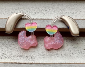 Hearing Aid Charms | Pastel Glitter Rainbow Heart Hearing Aid Whimsy Set | RIC BTE Hearing Aid Jewelry | Hearing Aid Earrings | Accessories