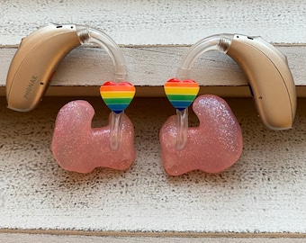 Hearing Aid Charms | Rainbow Heart Hearing Aid Whimsy Set | Adults Kids | RIC BTE | Jewelry | Earrings | Accessories | Gift