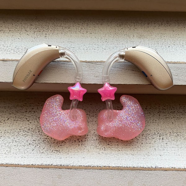 Hearing Aid Charms | Pink Iridescent Stars Hearing Aid Whimsy Set | Hearing Aid Jewelry | Hearing Aid Earrings | Hearing Aid