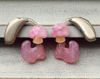 Hearing Aid Charms | Pink Mushroom Hearing Aid Whimsy Set | Hearing Aid Jewelry | Hearing Aid Earrings | Hearing Aid Accessories