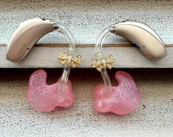 Hearing Aid Jewelry | Pearl Bow Bauble Hearing Aid Whimsy | Adults Kids | RIC BTE | Earrings | Charms | Accessories | Gift