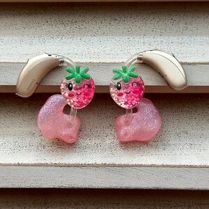 Hearing Aid Charms | Glitter Strawberry Hearing Aid Whimsy Set | Hearing Aid Jewelry | Hearing Aid Earrings | Hearing Aid Accessories