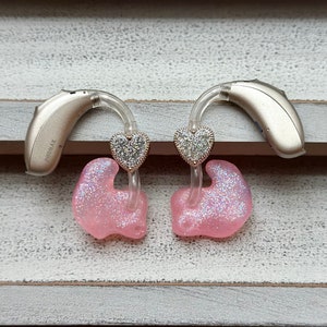 Hearing Aid Charms | Glitter Hearts Hearing Aid Whimsy Set | RIC BTE Hearing Aid Jewelry | Hearing Aid Earrings | Accessories