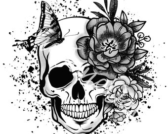 Skull Roses Flowers Butterfly Distressed Grunge Splatter Design, Floral Skull PNG for Sublimate, Skull with Flowers, Halloween PNG file