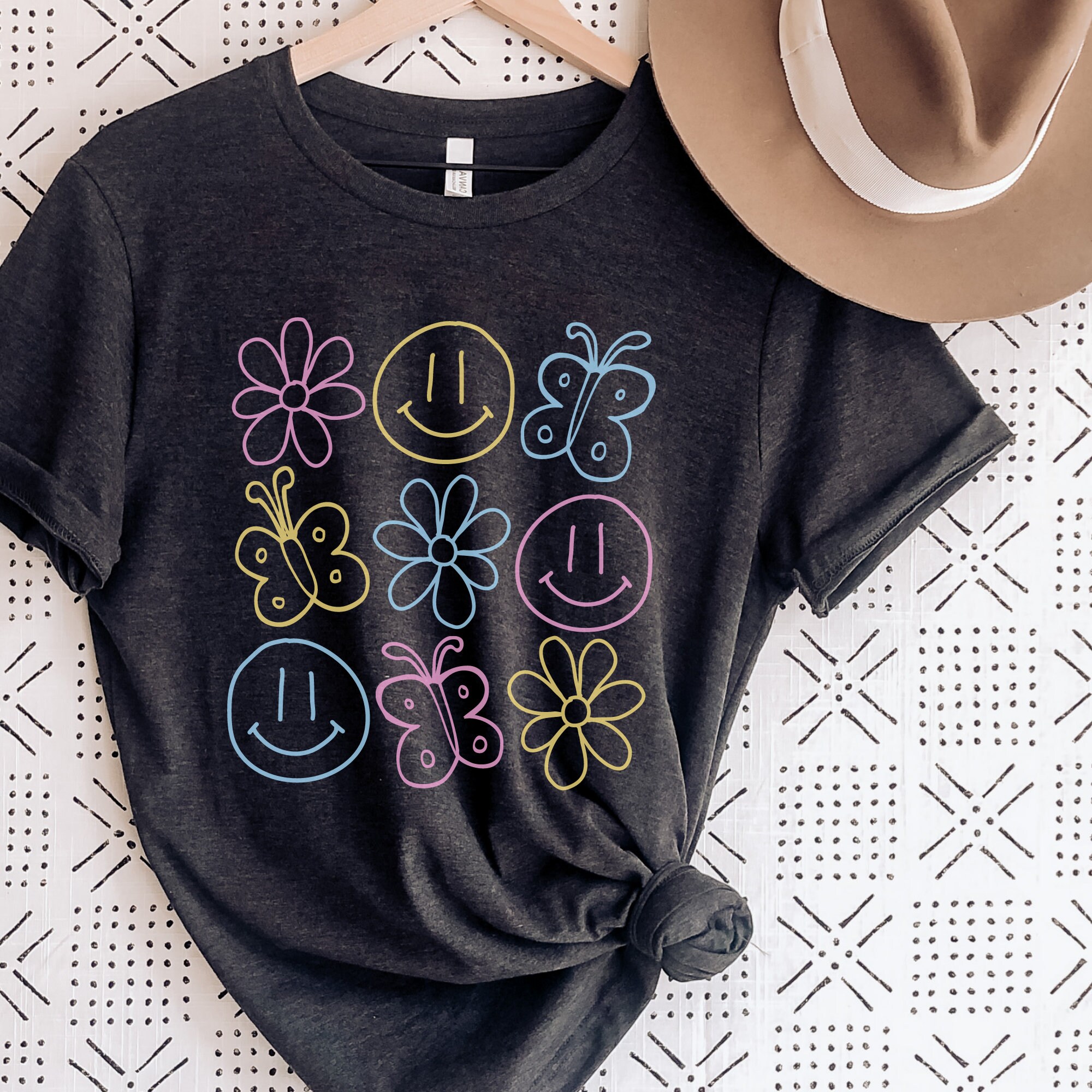 Retro Smiley Face Flower TShirt Butterfly Shirt for Women Etsy