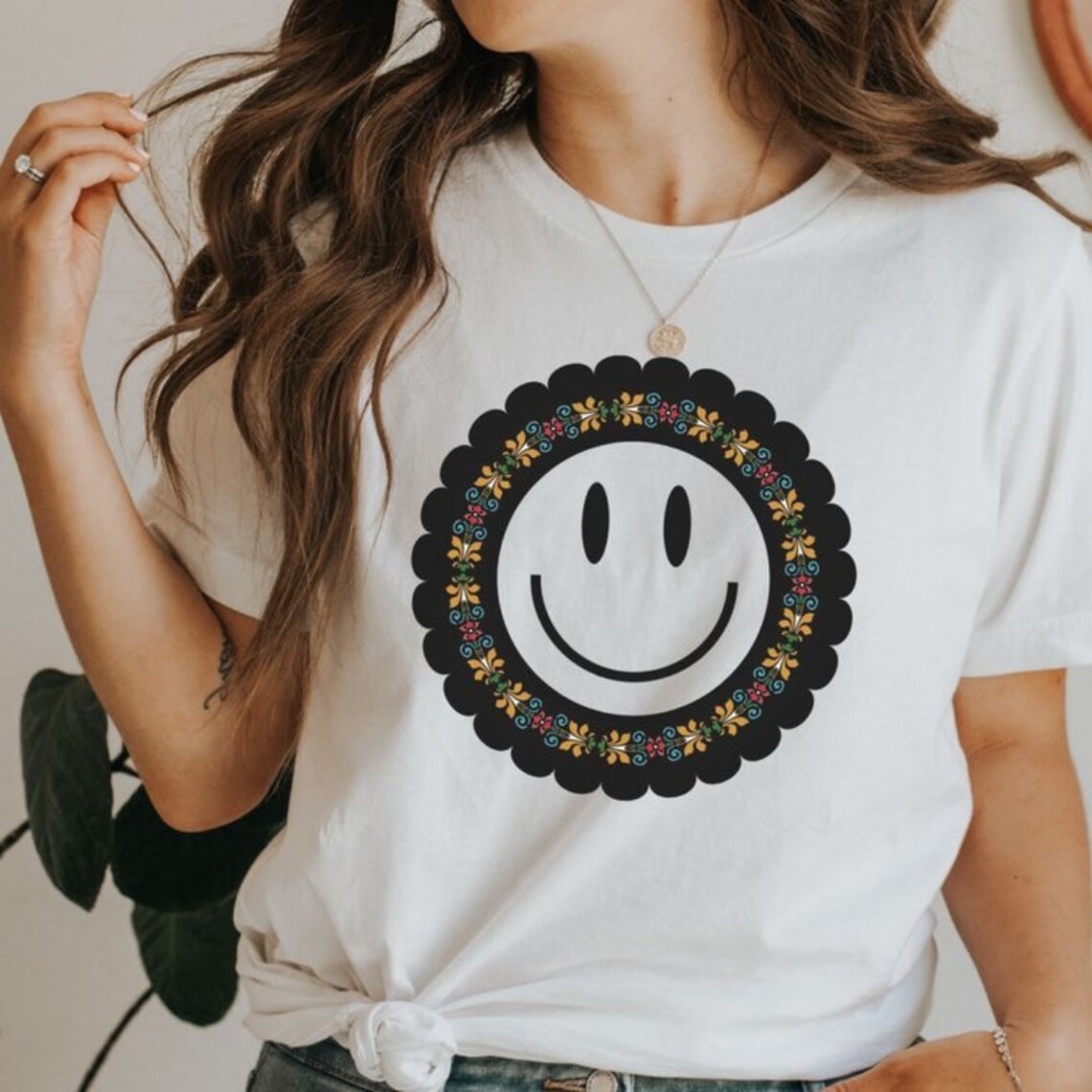 Retro Smiley Face Graphic Tee Smile Tshirt for Women Floral Etsy