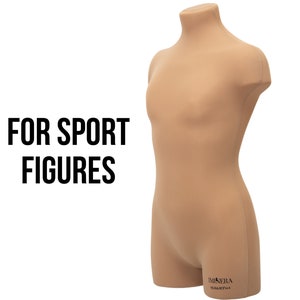 Può includere: Un manichino da sartoria femminile in forma di corpo, di colore beige non dipinto, con collo, spalle, busto e fianchi. Il manichino è progettato per esporre abbigliamento sportivo. Il testo "FOR SPORT FIGURES" è visibile nell'immagine.