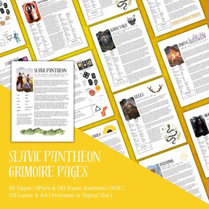 Pode incluir: Um conjunto de 25 páginas imprimíveis com ilustrações e texto sobre a mitologia eslava. As páginas são projetadas com uma estética de papel branco e antigo. O texto inclui os nomes "Slavic Pantheon", "Baba Yaga", "Veles", "Farlo", "Dazhbog", "Zorya" e "Moira".