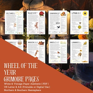 May include: A printable wheel of the year grimoire page set with a vintage paper aesthetic. The set includes eight pages, each with a different sabbat, including Beltane, Yule, Samhain, Litha, Ostara, Mabon, Imbolc, and Lammas. Each page features a title, a description, and a corresponding image.
