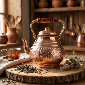 Handmade Copper Tea Kettle, Engraved Floral Teapot, Turkish Kitchen Decor