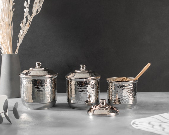 Hammered Silver Plated Copper Food Containers, Set of 3 Handmade Copper Jars