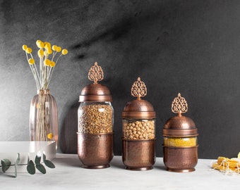 Hammered Copper and Glass Canister Set of 3: Vintage Kitchen Storage