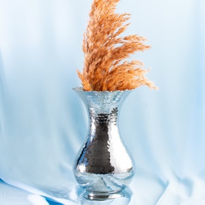 May include: A silver hammered metal vase with a wide mouth and a round body, filled with dried pampas grass on a light blue background.