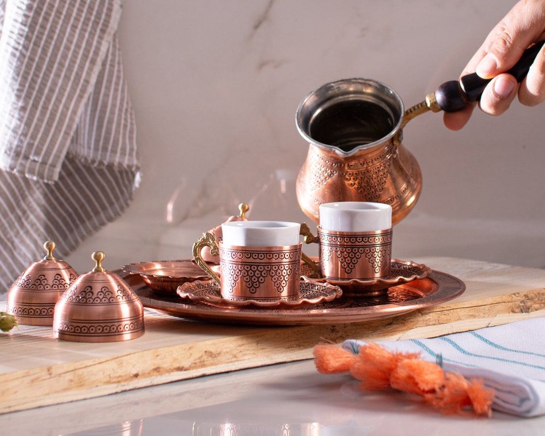 Turkish Coffee Set,traditional Turkish Coffee Cups and Copper Coffee Pot,  Coffee Gifts With Tray,home Decor, Espresso Set,coffee Serving Set 