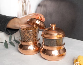 Set di contenitori in vetro di rame martellati a mano – Contenitore rustico per cucina