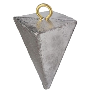 May include: A pyramid-shaped fishing sinker with a brass loop at the top. The sinker is made of lead and has a grey colour.
