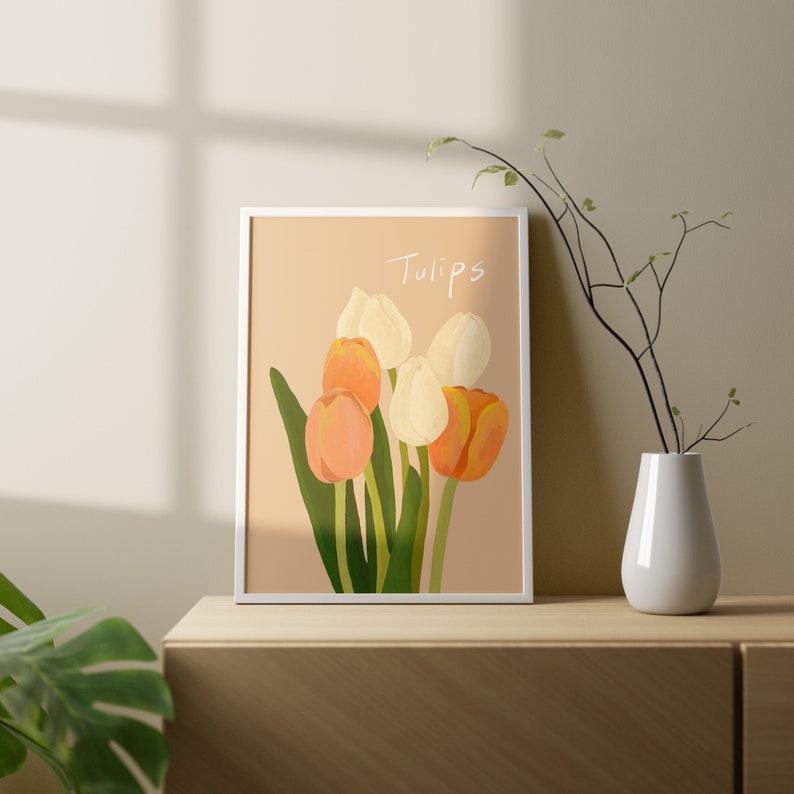 Tulpe Poster, Printable Flower Art, Blumen Illustration, Home Dekor Blume, Pastell Blumen, Raum Dekor, Ästhetisches Poster Bild 5