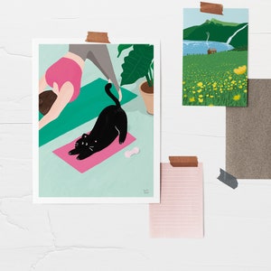 Cat Illustration, Yoga Wall Art Print, Funny Cat Art Poster, Printable Cat Art, Black Cat Art, Zen Wall Art image 3