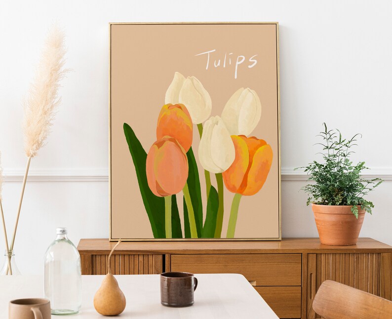 Tulpe Poster, Printable Flower Art, Blumen Illustration, Home Dekor Blume, Pastell Blumen, Raum Dekor, Ästhetisches Poster Bild 4