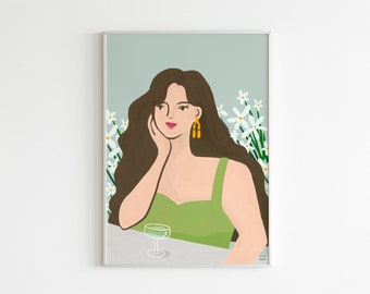 Frauen Wandkunst, Weibliche Illustration, Moderne Frauen Kunst, Florale Frauen Kunst, Ästhetisches Zimmer Dekor, Gewächshaus Dekor